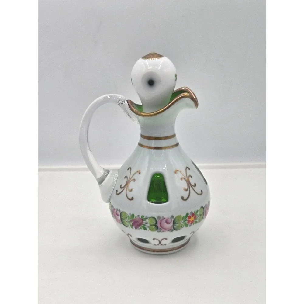 Vintage Bohemian Green Glass White Overlay Floral‎ Gold Gilt Decanter Bottle